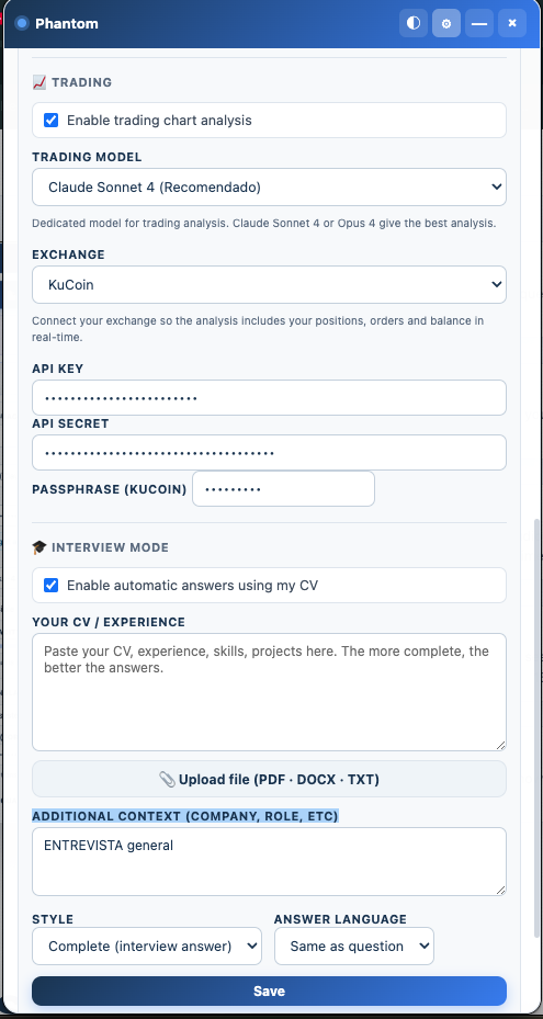 Phantom — trading y configuración